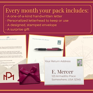 May include: A monthly subscription pack containing a handwritten letter, personalized letterhead, a stamped envelope, and a surprise gift. The set includes stationery with the text From the desk of E. Mercer, a maroon gift box with a ribbon, and an envelope.