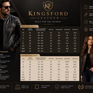 Puede incluir: Una tabla de tallas de Kingsford Leather con una chaqueta de cuero negra a la izquierda y una chaqueta de cuero marr&oacute;n a la derecha. El centro muestra tablas de tallas detalladas para chaquetas, incluyendo medidas de pecho, cintura, hombros, mangas y largo en pulgadas, junto con instrucciones de medici&oacute;n.