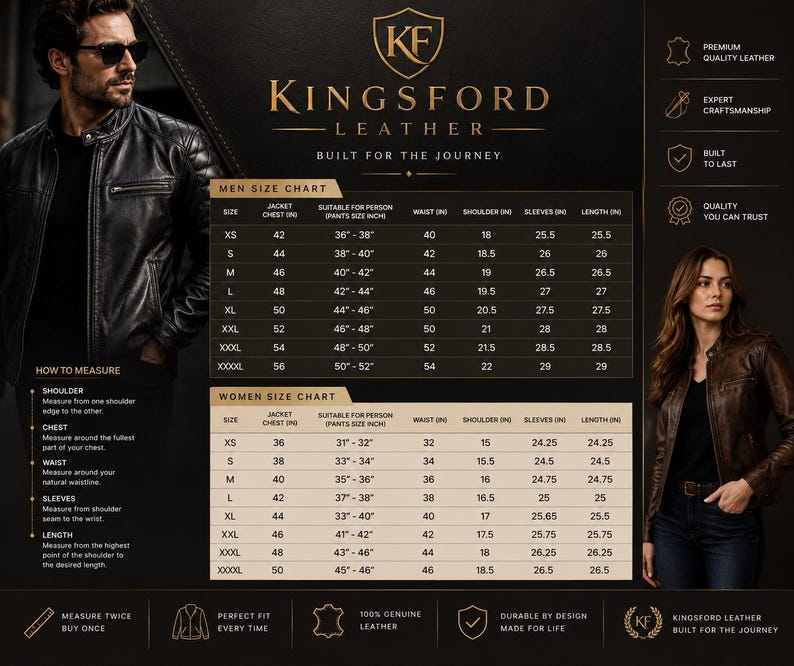 Puede incluir: Una tabla de tallas de Kingsford Leather con una chaqueta de cuero negra a la izquierda y una chaqueta de cuero marr&oacute;n a la derecha. El centro muestra tablas de tallas detalladas para chaquetas, incluyendo medidas de pecho, cintura, hombros, mangas y largo en pulgadas, junto con instrucciones de medici&oacute;n.