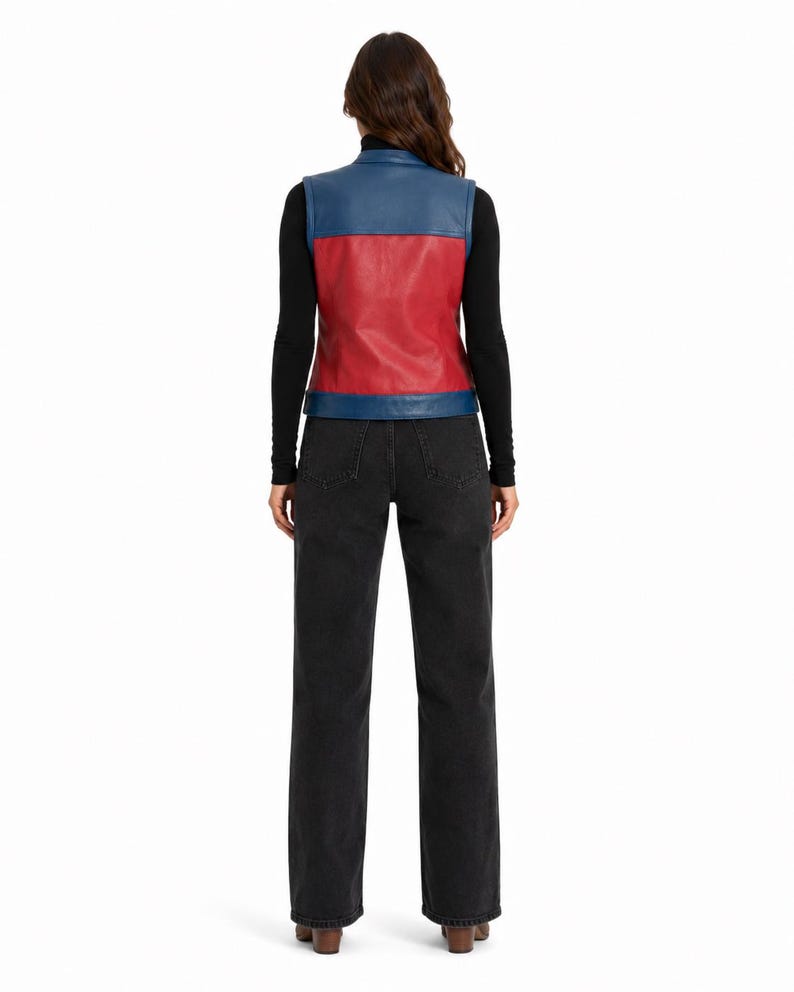 Chaleco de cuero para mujer Capitán América, chaleco de motociclista rojo y azul, chaleco de motociclista con la bandera estadounidense, chaleco de cuero para cosplay imagen 2