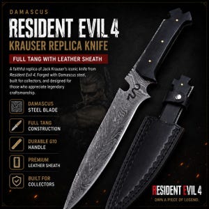 Puede incluir: Un cuchillo de acero de Damasco con construcción de espiga completa y mango de G10 negro, que presenta un patrón ondulado distintivo en la hoja y un símbolo de serpiente. Se acompaña de una funda de cuero negro con costuras decorativas y herrajes.
