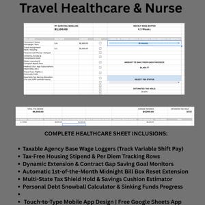 May include: A digital spreadsheet template titled Travel Healthcare & Nurse featuring a financial dashboard for tracking bills, weekly wage buffers, and tax holds. The layout includes columns for bill names, due dates, and amounts, plus a list of features.