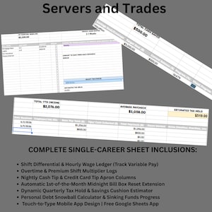 Könnte beinhalten: Eine digitale Tabellenkalkulationsvorlage mit dem Titel Servers and Trades, die Finanzverfolgungstabellen für Einkommen, Sparziele und Rechnungsverwaltung enthält. Das Layout umfasst Spalten für Daten, Gehaltssummen, Trinkgelder und Steuerschätzungen.