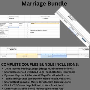 May include: A digital financial planning spreadsheet titled Marriage Bundle, featuring tables for tracking household expenses, income, and savings. The layout includes sections for a survival baseline, weekly wage buffer, and a list of inclusions for couples.