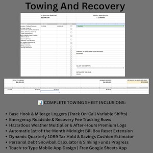 May include: A digital spreadsheet template titled Towing And Recovery featuring columns for bill names, due dates, amounts, and status. It includes sections for survival baseline, weekly wage buffer, YTD income, and tax hold estimates for towing business.