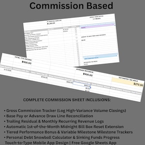Op de afbeelding: Een digitaal spreadsheet-sjabloon voor commissiegebaseerde financiën met een survival baseline-tracker, jaarinkomen-logboek en belastingcalculator. De lay-out bevat kolommen voor factuurnamen, vervaldata en salarisgegevens met tekstlabels.