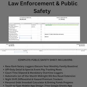 May include: A digital spreadsheet template titled Law Enforcement & Public Safety featuring tables for My Survival Baseline, Weekly Wage Buffer, and Total YTD Income. It includes columns for bill names, due dates, amounts, and pay period selections.