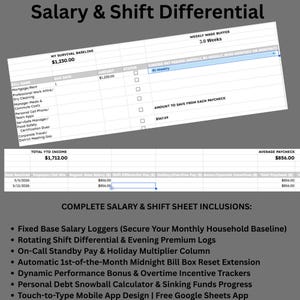 Könnte beinhalten: Eine digitale Tabellenkalkulationsvorlage mit dem Titel Salary & Shift Differential, die Abschnitte für My Survival Baseline, Weekly Wage Buffer und Total YTD Income enthält. Sie umfasst Spalten für Rechnungsnamen, Fälligkeitsdaten und Gehaltsabrechnungen.