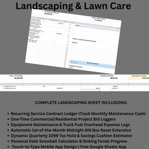 May include: A digital spreadsheet template for Landscaping & Lawn Care business management. The document includes sections for a survival baseline, weekly wage buffer, tax hold estimates, and income tracking. A list of features is provided below.