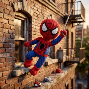 Op de afbeelding: Een gehaakte Spider-Man pop met een lichaam van rood en blauw garen, grote witte ogen en een zwart spinnenembleem op de borst. De pop is gepositioneerd alsof deze aan een wit garen web slingert, met een klein bijpassend gehaakt hoofdje.