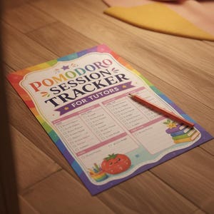 Puede incluir: Un rastreador de sesiones Pomodoro para tutores impreso en una hoja rectangular con borde arcoíris. El documento incluye casillas de verificación para tiempos de sesión, un temporizador de tomate y libros. Un lápiz naranja descansa sobre el papel.