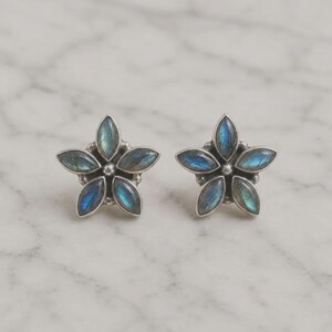 Peut inclure: Une paire de boucles d'oreilles en forme de fleurs à cinq pétales. Chaque boucle présente cinq pierres de labradorite taille marquise aux reflets bleus et gris, serties dans une monture en métal argenté avec une petite perle centrale.