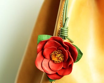 Hand-Dyed Leather Red Camellia Bag Charm, Floral Leather Tassel Ornament,Mother's Day Gift