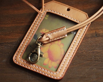 Hermoso tarjetero para tarjetas de identificación, de piel curtida vegetal 100 % cosida a mano, estuche para tarjetas de transporte