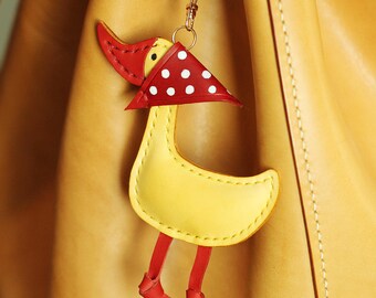 Hand Dyed Leather Duck Keychain, Hand Stitched Bag Charm, Animal Key Holder
