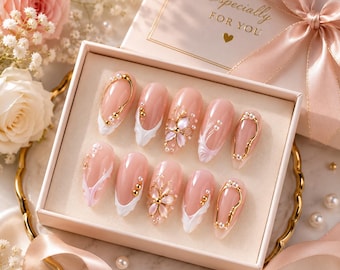 Pink Flower Press On Nails Almond Shape, Kawaii Floral Fake Nails, 3D Cute Nails, Reusable Stick On Nails, Gift for Her