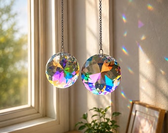 2pc Crystal Suncatcher Set, Round Glass Prism Rainbow Maker, Window Hanging Decor, Sun Catcher for Home, Balcony & Garden
