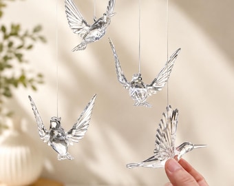 Crystal Hummingbird Suncatcher Set, 4pc Hanging Bird Decor, Window Prism, Rainbow Garden Decoration