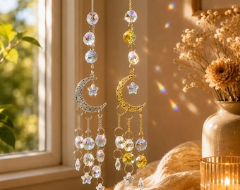 Moon & Star Crystal Suncatcher, Silver Gold Window Hanging, Celestial Sun Catcher, Rainbow Maker, Garden Decor, Boho Home Decor
