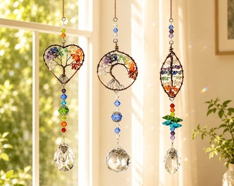 Tree of Life Crystal Suncatcher, Rainbow Window Hanging Prism, Chakra Crystal Sun Catcher, Boho Home & Garden Decor Gift