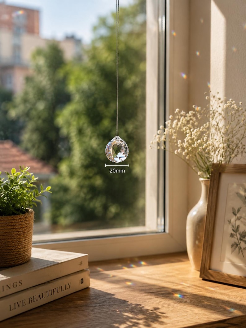 May include: A clear, multifaceted crystal sphere hanging from a thin string in front of a window. The crystal has a diameter of 20mm as indicated by the text and measurement lines visible on the object, creating light refractions on the surface.