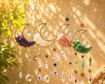 Crescent Moon Crystal Suncatcher, Boho Rainbow Prism Window Hanging, Gold Metal Decor