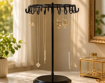 Rotating Jewelry Organizer, 23 Hook Necklace Holder, Earring Display Rack, Bracelet Stand, Jewelry Storage, Black or White