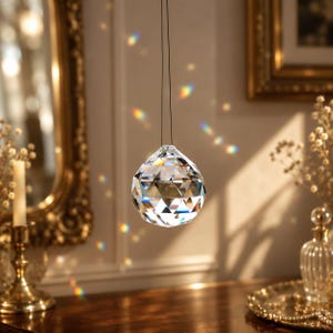 May include: A clear, multifaceted crystal sphere hanging from a thin black cord. The glass object features numerous triangular geometric cuts that refract light, creating small, colorful rainbow prisms on the surrounding surfaces.