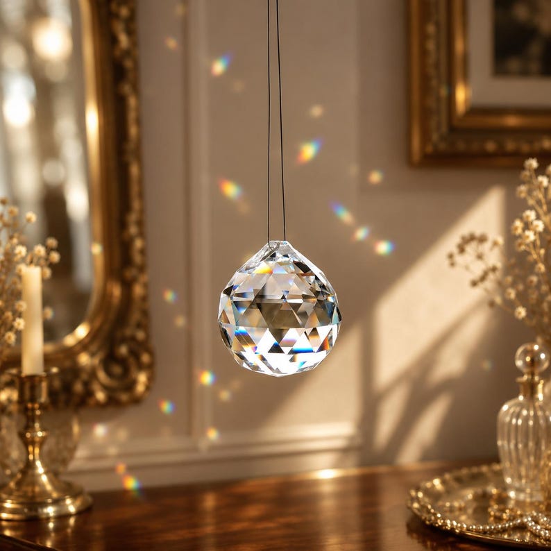 May include: A clear, multifaceted crystal sphere hanging from a thin black cord. The glass object features numerous triangular geometric cuts that refract light, creating small, colorful rainbow prisms on the surrounding surfaces.