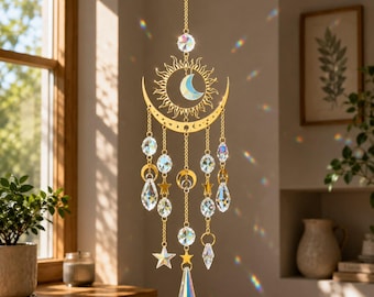 Sun Moon Suncatcher, Gold Crystal Window Hanging, Rainbow Maker, Celestial Wall Decor, Boho Home Decor, Garden Gift