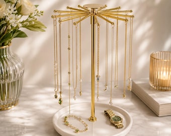 Rotating Jewelry Organizer Stand, Necklace Holder Display Rack, Desktop Jewelry Storage, Bracelet & Watch Organizer, Gold Jewelry Stand