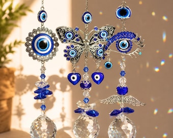 Evil Eye Crystal Suncatcher Butterfly Wind Chime, Blue Nazar Hanging, Rainbow Prism Window Decor, Garden Protection Gift