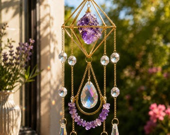 Amethyst Crystal Suncatcher, Rainbow Prism Window Hanging, Boho Room Decor, Healing Crystal Gift for Her
