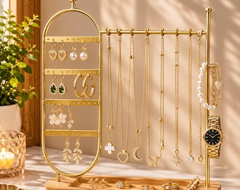 Wood Jewelry Organizer Stand, Desktop Jewelry Rack, Earring Necklace Holder, Bracelet Watch Display, Jewelry Storage Organizer