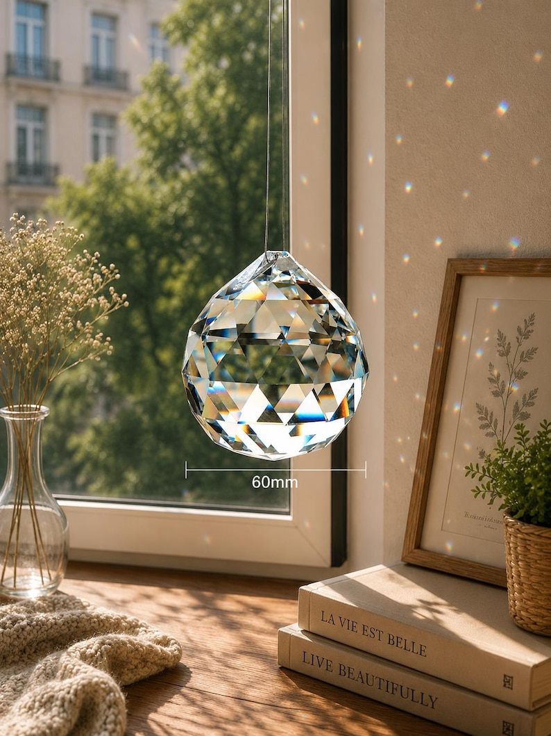 May include: A clear, multi-faceted crystal sphere hanging in front of a window. The crystal features a geometric cut that refracts light, creating small rainbow spots on the wall. A measurement line indicates a diameter of 60mm.