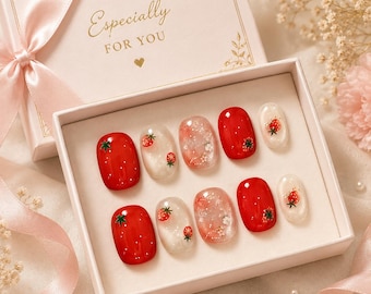 Festive Red Press On Nails Short Oval Glossy Tomato Nail Art Cute Summer Nails Reusable Fake Nails for Women Girls