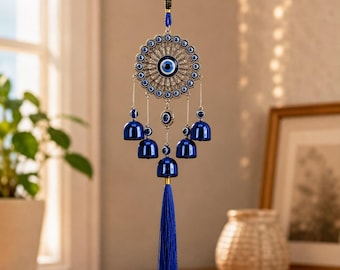 Blue Evil Eye Wind Chime with Bells, Boho Wall Hanging Decor, Protection Amulet, Entryway Door Charm, Balcony Garden Ornament, Handmade Look