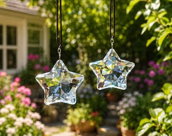 Crystal Star Suncatcher, 2 Pc Window Prism Rainbow Maker, Hanging Crystal Sun Catcher, Boho Home, Garden & Balcony Decor