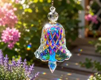 Rainbow Crystal Wind Chime Suncatcher, Glass Bell Window Hanging, Prism Sun Catcher, Garden Decor, Crystal Hanging Ornament Gift