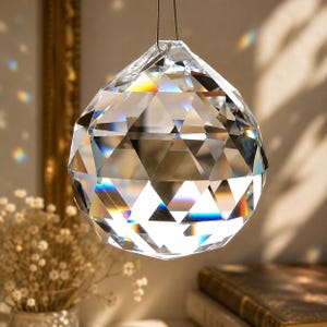 May include: A clear, multi-faceted crystal sphere hanging from a thin black string. The glass surface features numerous triangular cuts that refract light, creating visible rainbow spectrums and bright highlights across the geometric structure.
