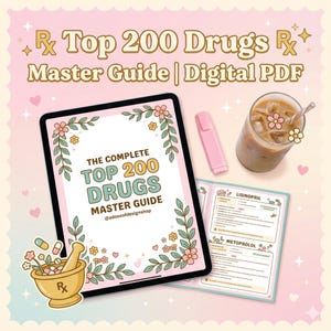 May include: A digital PDF guide titled The Complete Top 200 Drugs Master Guide displayed on a tablet screen, accompanied by a pink highlighter, a glass of iced coffee, and a mortar and pestle illustration on a light pink background.