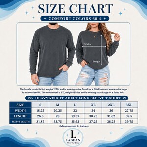 Op de afbeelding: Een maattabel voor het Comfort Colors 6014 t-shirt met lange mouwen voor volwassenen. De tabel toont breedte-, lengte- en mouwlengtematen in inches voor de maten S tot 3XL, samen met afbeeldingen van twee modellen die het t-shirt dragen.