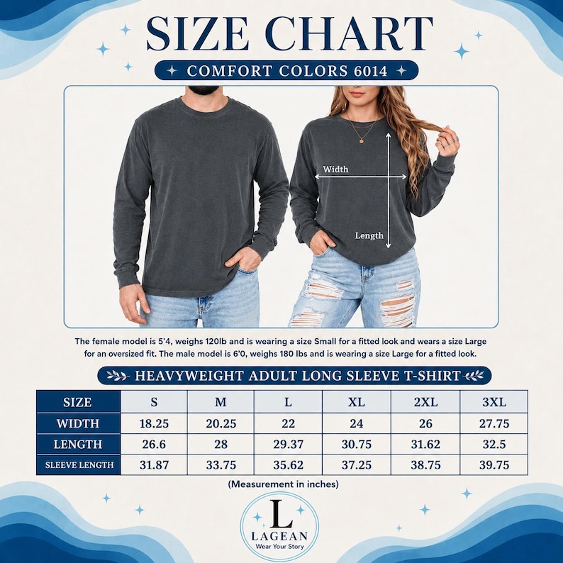 Op de afbeelding: Een maattabel voor het Comfort Colors 6014 t-shirt met lange mouwen voor volwassenen. De tabel toont breedte-, lengte- en mouwlengtematen in inches voor de maten S tot 3XL, samen met afbeeldingen van twee modellen die het t-shirt dragen.