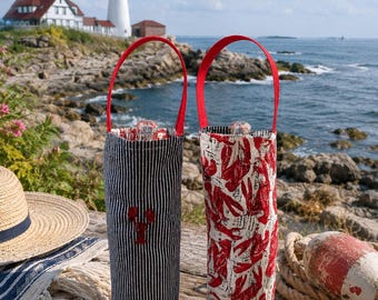 Embroidered Lobster Wine Bag-- Fully reversable, Set of 3