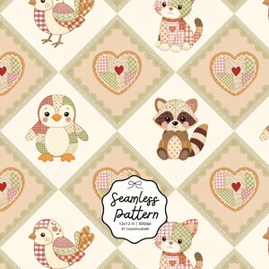 Nahtloses Muster mit niedlichen Waldtieren | Digitales Papier fürs Kinderzimmer im Landhausstil | Katze, Vogel, Pinguin, Waschbär | Stoffdruck im Cottagecore-Stil