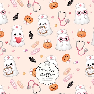May include: A seamless pattern on a light peach background featuring cartoon ghosts wearing nurse caps, some with pink glasses, holding clipboards or red hearts. Includes orange pumpkins with nurse caps, pink stethoscopes, bats, and bandages.