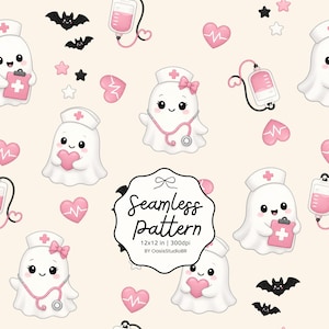 Kawaii Nurse Ghost Halloween Seamless Pattern (Digital Download)