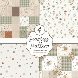 May include: A set of four seamless digital patterns featuring floral, gingham, striped, and polka dot designs in muted green, brown, and cream tones. The image includes text reading 4 Seamless pattern 12x12 in 300 DPI BY OasisStudioBR.