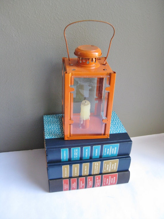 Items similar to Bright Orange Metal Candle Lantern with 4 glass panels