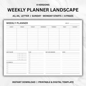 May include: A black and white landscape weekly planner template featuring columns for Sunday through Saturday, a habit tracker, a to-do list, next week reminders, and a notes section. The text reads Weekly Planner, Week of, and Top Priorities.